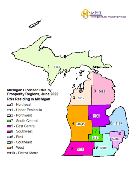 Michigan map of RNs by prosperity region in 2021